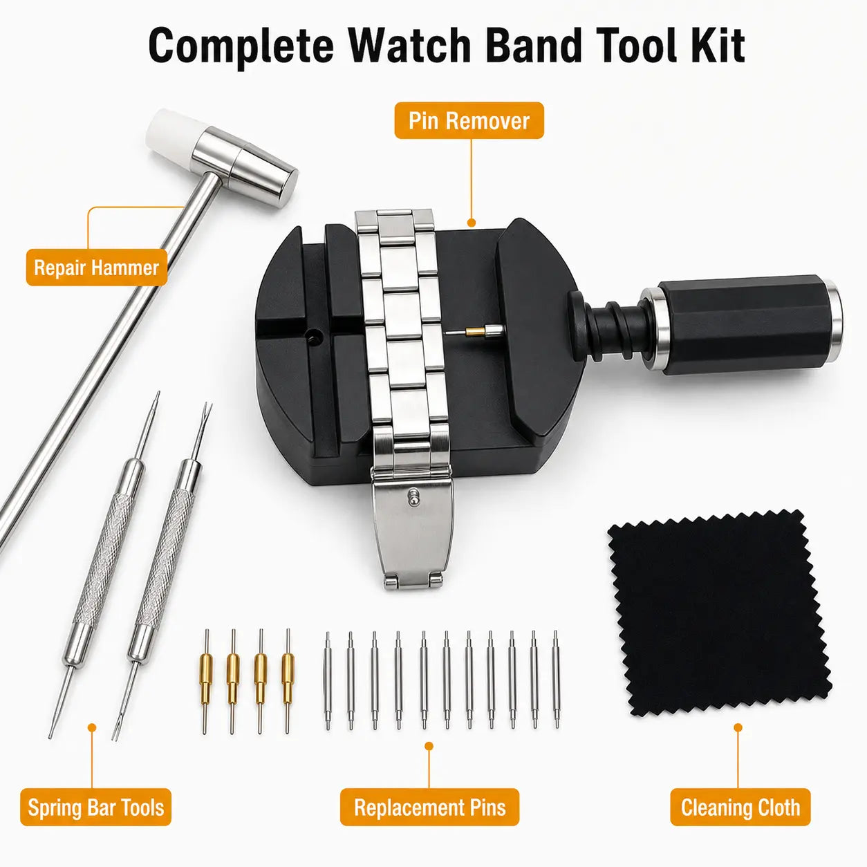 31PCS Watch Link Removal Kit - Band Adjustment Sizing Tool Set with Hammer, Spring Bar Tool, Strap Holder, Replacement Punch Needles, 2 Different Lengths Pins for Easy Watch Link Pin Removal & Strap Repair
