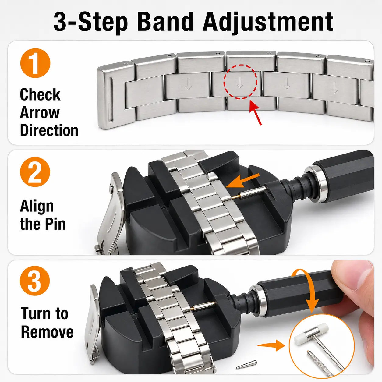 31PCS Watch Link Removal Kit - Band Adjustment Sizing Tool Set with Hammer, Spring Bar Tool, Strap Holder, Replacement Punch Needles, 2 Different Lengths Pins for Easy Watch Link Pin Removal & Strap Repair