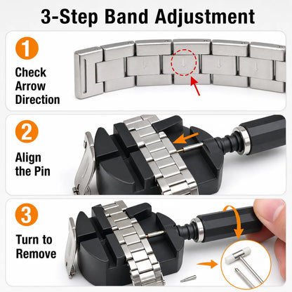 31PCS Watch Link Removal Kit - Band Adjustment Sizing Tool Set with Hammer, Spring Bar Tool, Strap Holder, Replacement Punch Needles, 2 Different Lengths Pins for Easy Watch Link Pin Removal & Strap Repair